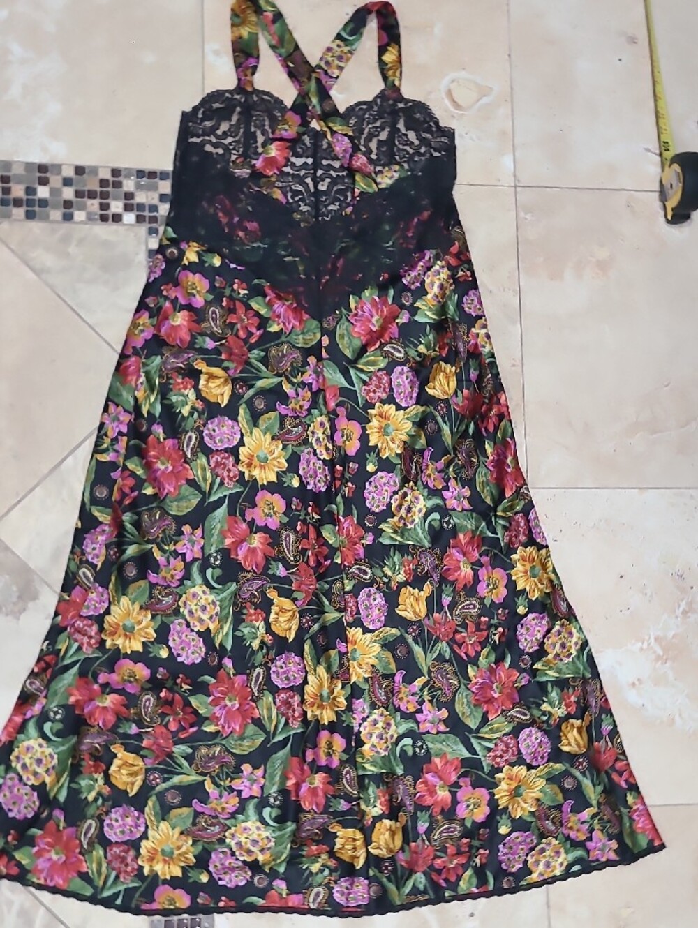 Vanity Fair Vintage Black Floral Lace Maxi Dress with Pink and Yellow Blooms - Picture 11 of 16